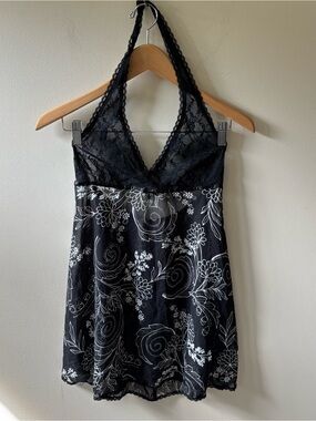 Apt 9 Black Lace Halter Chemise with White Floral Print